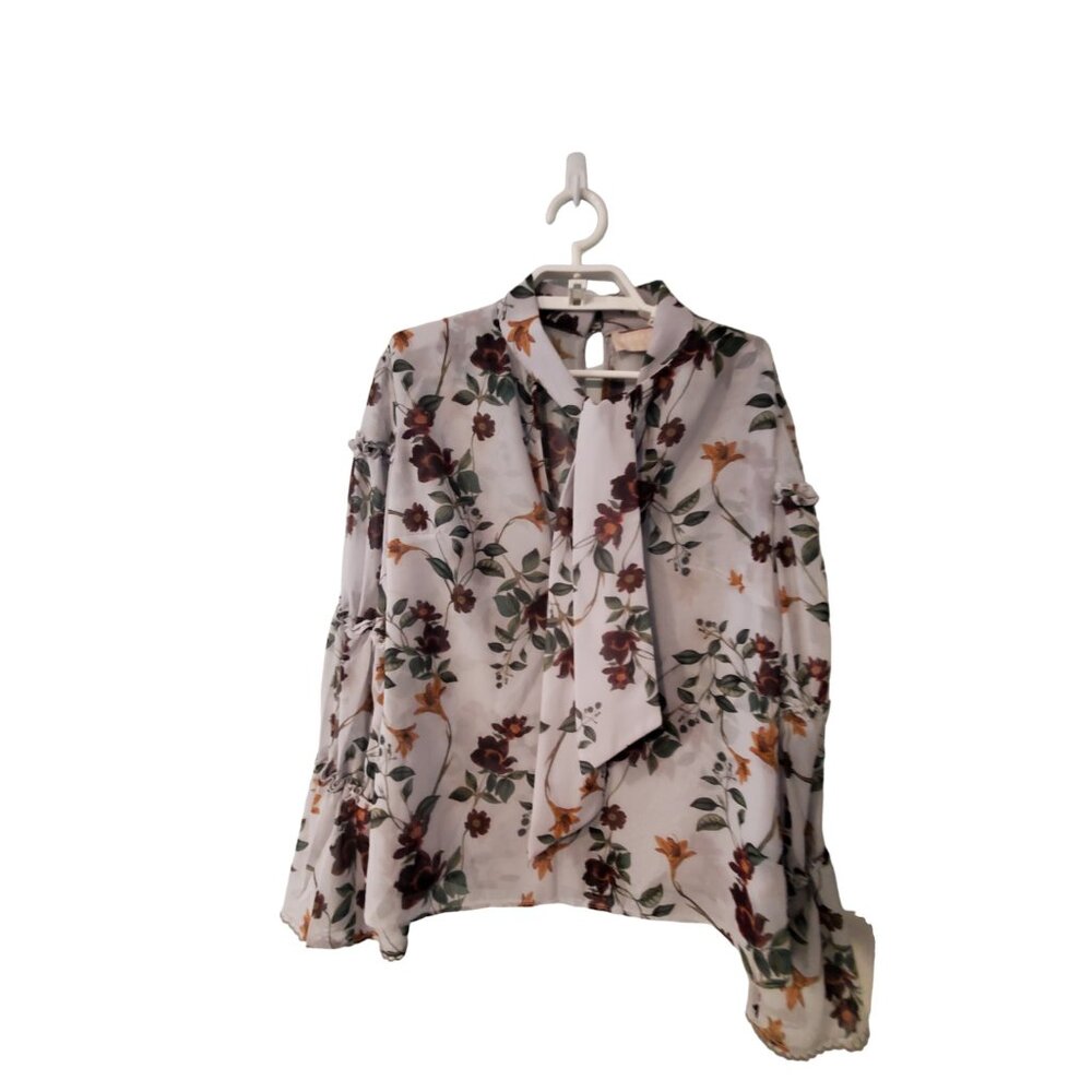 Keepsake the Label blouse womens size Small gray floral tie neck top